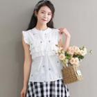 Cactus Embroidered Sleeveless Frill Trim Blouse White - One Size