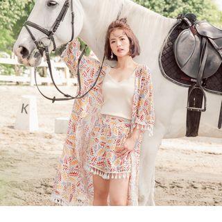 3/4-sleeve Tasseled Printed Long Top