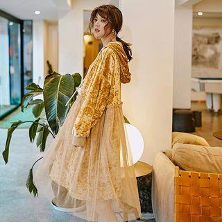 Mesh Panel Hooded Long-sleeve Shift Dress