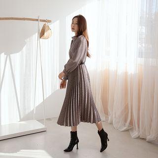 Stand-collar Houndstooth Pleated Long Dress With Belt