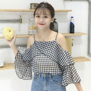 Gingham Open Shoulder 3/4-sleeve Top