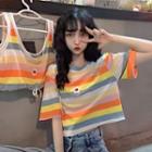 Elbow-sleeve Striped Cropped T-shirt / Tank Top