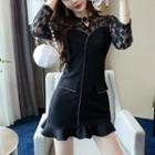Lace Panel Ruffle Hem Long-sleeve A-line Dress