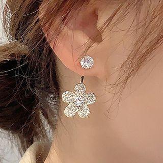 Rhinestone Flower Drop Earring 1 Pair - 925 Silver Needle - One Size