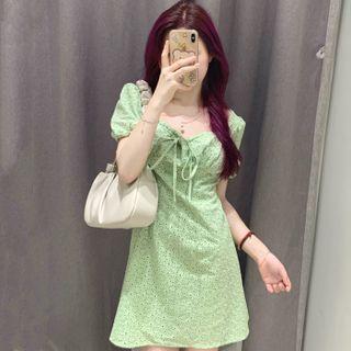 Puff-sleeve Sweetheart Neckline Jacquard Mini A-line Dress