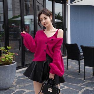Set: Balloon-sleeve Cardigan + Knit Camisole Top