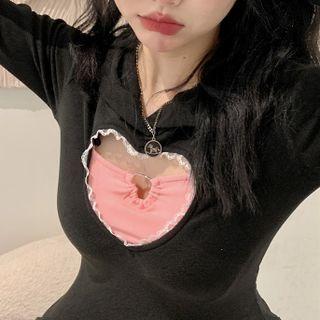 Long-sleeve Heart Cutout Mini Bodycon Dress Heart - Black - One Size