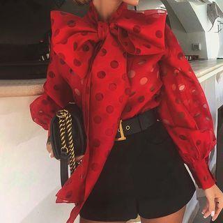 Long-sleeve Dotted Bow Blouse