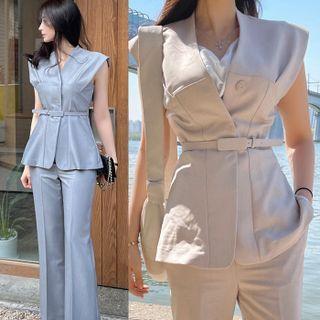 Set: Open Front Vest + Cropped Wide-leg Pants + Belt
