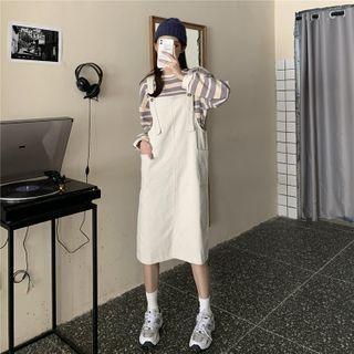Pocket Pinafore Dress + Round-neck Striped Top