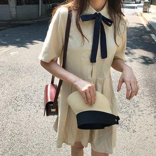 Short Sleeve Bow Front Pleated Dress Khaki - One Size