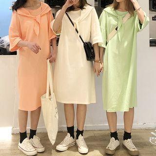 3/4-sleeve Sailor Collar Midi Shift Dress