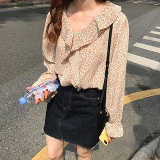 Long-sleeve Ruffled Floral Top As Shown In Figure - One Size