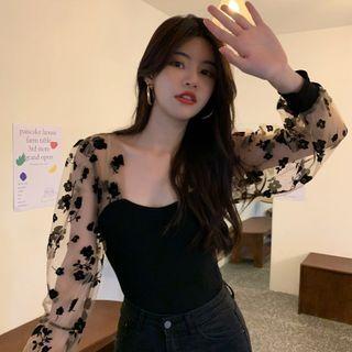 Flower Mesh Panel Lantern-sleeve Top