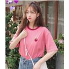 Elbow-sleeve Embroidered Strawberry T-shirt / Plaid A-line Mini Pleated Skirt