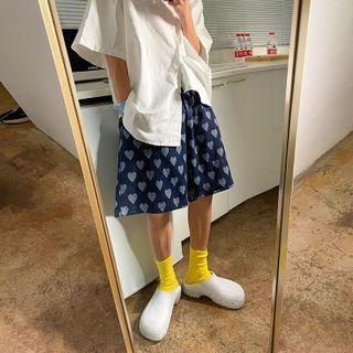 Heart Print Denim Straight Leg Shorts