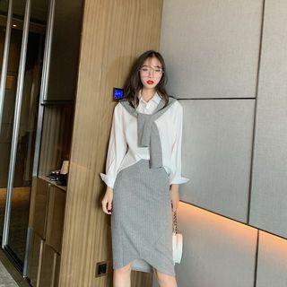 Set: Long-sleeve Paneled Shirt + Fitted Knit Skirt