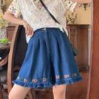 Floral Embroidered Ruffled Denim Shorts