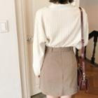 T-neck Ribbed Knit Top Light Beige - One Size