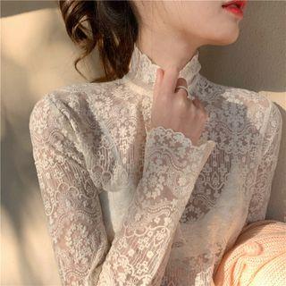 Long Sleeve Turtleneck Lace Top White - One Size