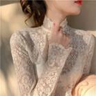Long Sleeve Turtleneck Lace Top White - One Size