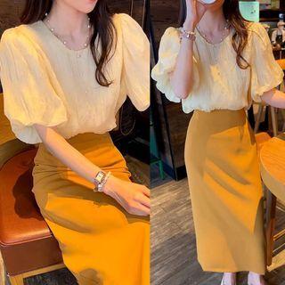 Set: Puff-sleeve Plain Blouse + Midi Pencil Skirt