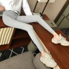 Long-sleeve Ripped Lettering T-shirt / Plain Leggings