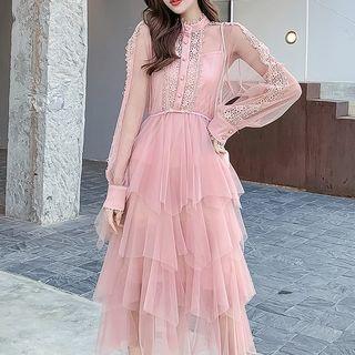 Set: Lace Trim Long-sleeve Midi Tiered Dress + Slipdress