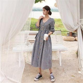 V-neck Gingham Shirtdress Black - One Size