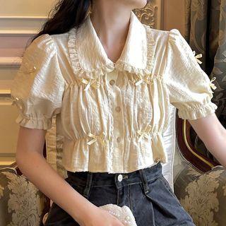 Puff-sleeve Drawstring Ruffled V Blouse