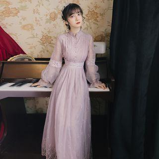 Long-sleeve Stand-collar Lace Midi A-line Dress