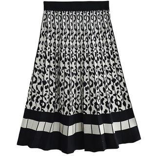 Leopard Print Accordion Pleat Knit Midi A-line Skirt