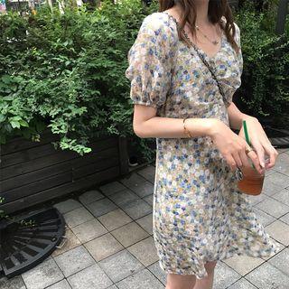 Puff-sleeve Floral V-neck Print High-waist A-line Skirt