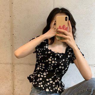 Floral Print Puff-sleeve Cropped Chiffon Blouse
