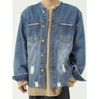 Round Neck Distressed Denim Jacket