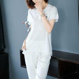 Set: Short-sleeve Knit Hoodie + Harem Pants