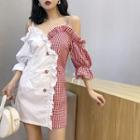 Plaid Panel Double Breasted Off Shoulder 3/4 Sleeve Dress