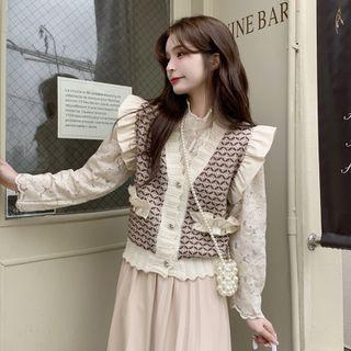 Patterned Sweater Vest / Mock Neck Lace Top