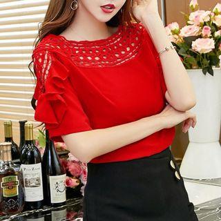 Plain Perforated Short Sleeve Chiffon Blouse