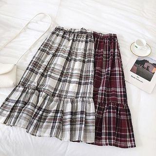 Color-block High-waist Plaid Skirt