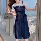 Mock Two-piece Short-sleeve A-line Denim Dress