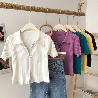 Short-sleeve Collared Zip-up Ribbed Knit Crop Top