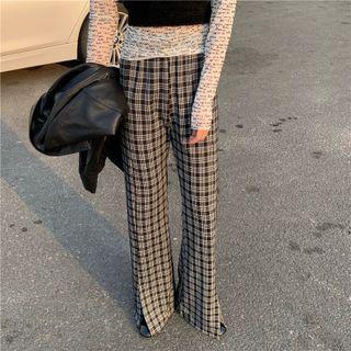 Plaid Boot-cut Pants Gray & Black - One Size