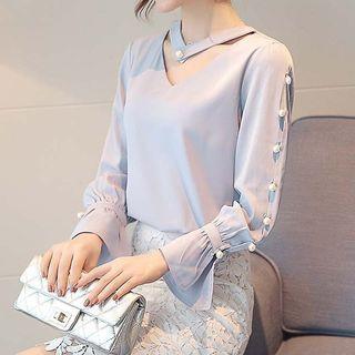 Faux Pearl V-neck Blouse