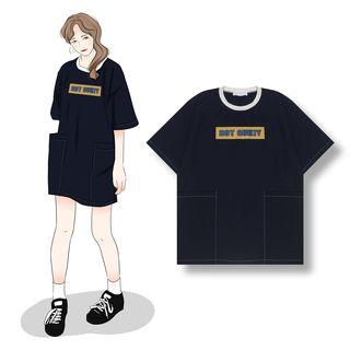 Short-sleeve Lettering Long T-shirt Dark Blue - One Size