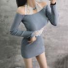 Long-sleeve Lace Panel Cold-shoulder Knit Mini Dress