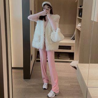 Furry-knit Top / Buttonless Furry Vest Jacket / Straight-cut Pants