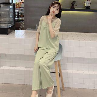 Elbow-sleeve Chiffon Top / Camisole Top / Wide Leg Pants / Set