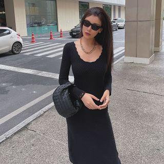 U-neck Plain Knit A-line Dress