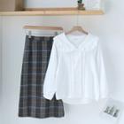 Double Breasted Shirt / Plaid Midi Skirt